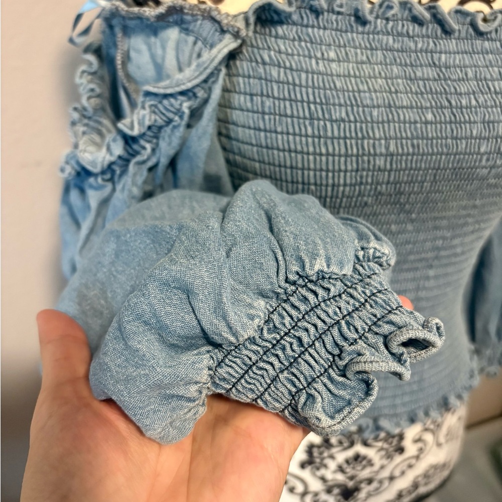 KOURT Blue Smocked Puff Sleeve Blouse Top - Picture 3 of 6